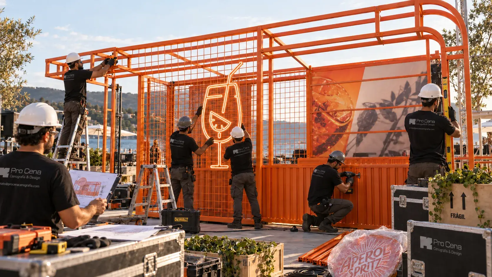 Equipe em montagem de estrutura laranja de ativação Aperol
